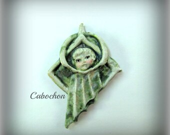 Ceramic cabochon bead, flat Bead, green bead, clay bead, # 102