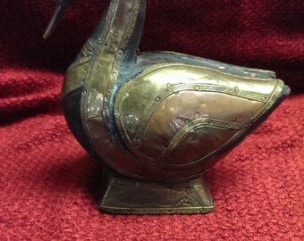 Vintage Duck Hand Carved Wood, Brass,Copper Metal