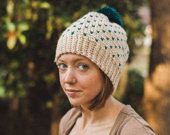 Fair Isle Heart Beanie--Cream and Teal--Adult