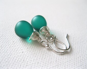 Matte Teal Teardrop Earrings. Faux Teal Green Seaglass Earrings. Sterling Silver Earrings. Wire Wrapped Earrings. Briolette Earrings. UK