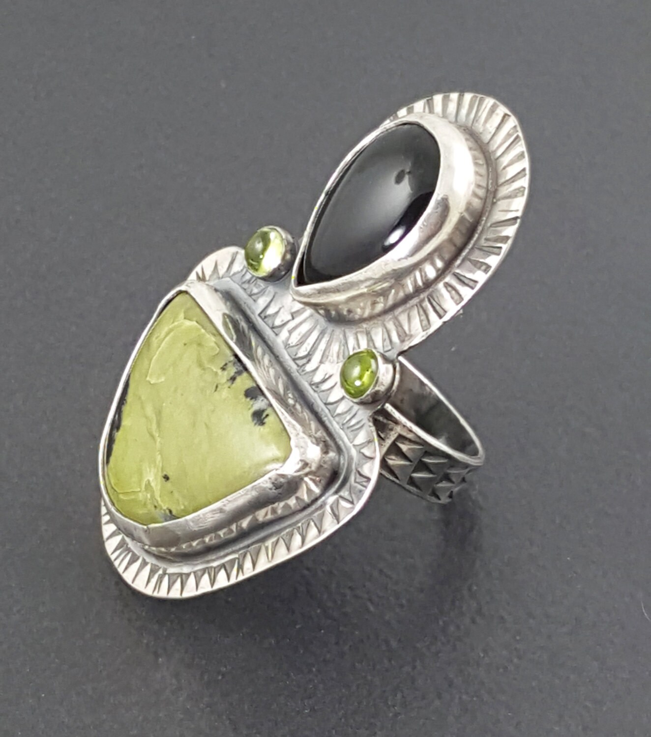 Black Onyx and Serpentine Ring sterling silver size 8 ring