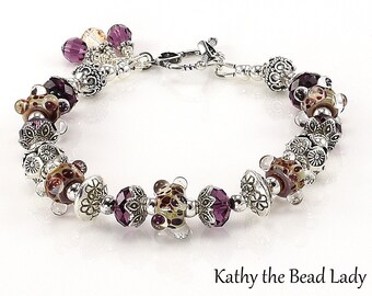Lampwork Bracelet - Lampwork Boro Purple and Ivory Karen Hill Tribe Bead Bracelet - KTBL