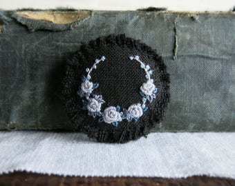 Floral Embroidered Brooch - Gray Roses on Black Linen Textile Art Brooch