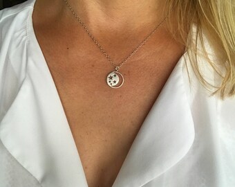 Silver moon and stars necklace, Sterling Silver, crescent moon necklace, moon necklace, stars, moon jewelry, celestial jewelry