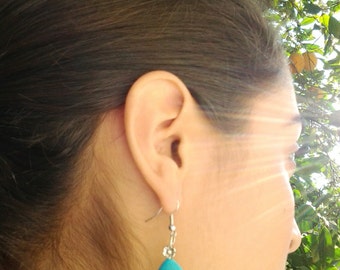 Turquoise Teardrop Silver Earrings with Little Flower / Howlite Turquoise Earrings / Gift for Her .