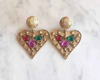 Vintage 80s 90s Oversized Gold Heart Dangle Earrings / Statement Earrings / Oversized Cabochon Jewel Earrings