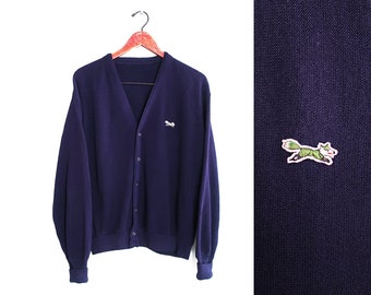 vintage cardigan / grandpa cardigan / navy cardigan / 1970s navy JC Penny fox grunge cardigan Medium