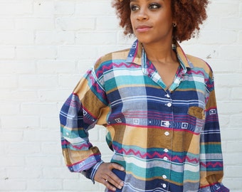 1990s Shirt Plaid India Geometric Button Up Top