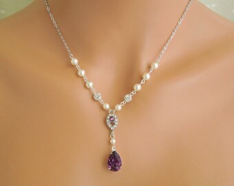 Bridal Pearl Necklace Bridal Necklace Bridal Rhinestone Necklace purple Necklace Swarovski Crystals Necklace Pearl rhinestone necklace DANAY