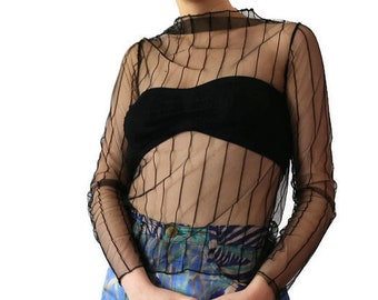 Black Sheer Top | 90s See Through Top | Mesh Top |Sheer Blouse |Textured Long Sleeve Top | Vintage Black Top /Soft Grunge Top 1990s Fish Net