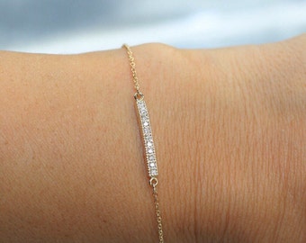 bracelet diamond pave 14k solid bar gold dainty