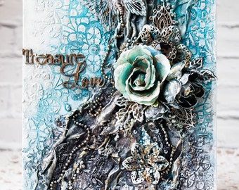 Home decor - Mixed media collage on canvas - Blue Gray