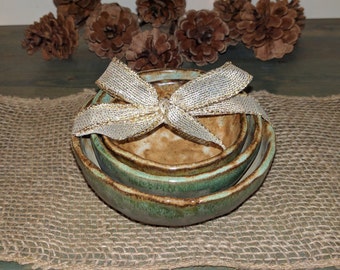 set of 3 rustic pinch bowls, green and white bowls, small bowls,