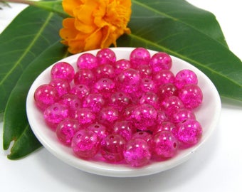 Set of 10 8 mm Fuchsia cracked glass beads
