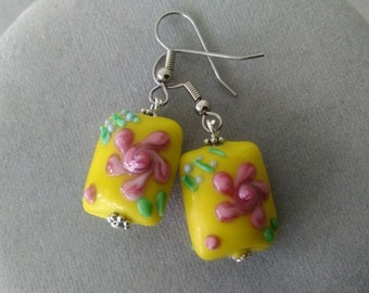 Yellow and Pink Floral Lampwork Glass Earrings