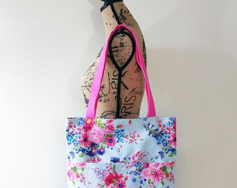 Floral Tote Bag, Reversible Bag, Spring Market Tote