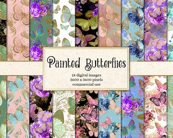 Painted Butterflies Digital Paper, gold foil butterfly printable scrapbook paper, spring butterfly patterns, digital watercolor textures