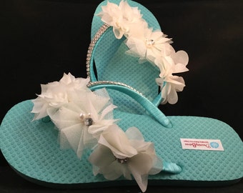 Bridal Flip Flops, Custom Flip Flops, Aqua Dancing Shoes, Aqua Bridal Sandals, Wedding Flip Flops, Aqua Sandals, Beach Wedding Shoes