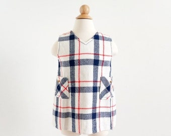 SALE Vintage 1960s Girls Size 1-2 Dress, Alyssa Mod Jumper Red White Blue Plaid, b24" L17"