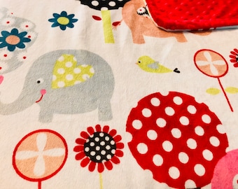 Minky Blanket Elephant Print Minky with Red Dimple Dot Minky Backing - Perfect Size a Toddler or Child 36 x 42