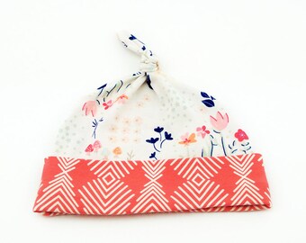 Baby Top Knot Hat (Flower Garden/Coral Feather) ||| baby shower gift, newborn hat, newborn take home outfit, baby jersey hat, knotted hat