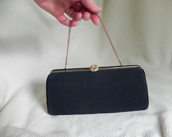1950's Lovely Harry Levine Black Fabric Clutch Formal Dress Purse with Rhinestone Clasp