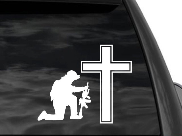 Large Kneeling Soldier Cross Window Decal Sticker In White Large Kneeling Soldier Cross Window Decal Sticker In White