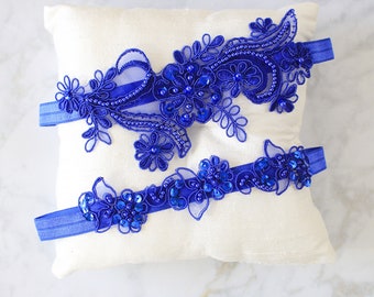 Royal Blue Beaded Lace Garter Set, Bridal Blue Garter, Wedding Blue Garter, Prom Garter Belt, Capri Blue Wedding Garter,Something Blue
