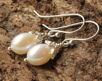 White Pearl Earrings, sterling silver, genuine pearls, bridal, wedding, boho dangle earrings, June birthstone, holiday gift for her, 4419