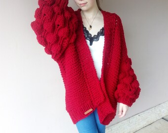 Bubble oversized cardigan, red cardigan, chunky cardigan, handknit sweater, romantic cardigan, big sleeve, handknit cardigan, yarn