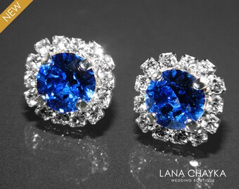 Sapphire Crystal Halo Earrings Swarovski 8mm Blue Rhinestone Hypoallergenic Earring Studs Royal Blue Cobalt Silver Bridesmaids Earrings