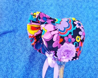 Winter Corduroy Baby Bonnet Navy with Flowers