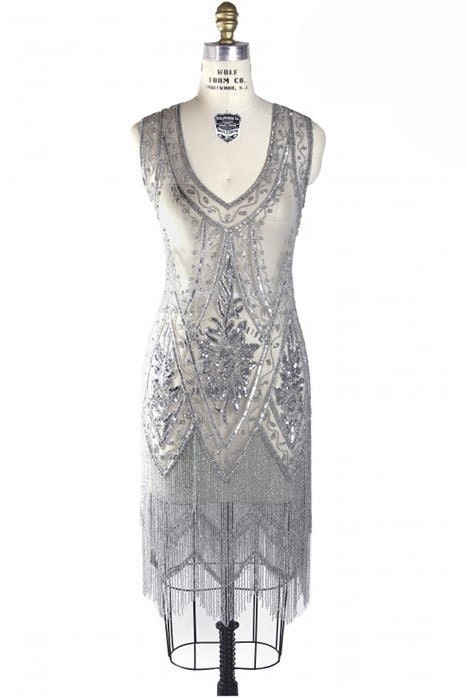 Silver Beaded Vintage Flapper 1920's Wedding DressThe