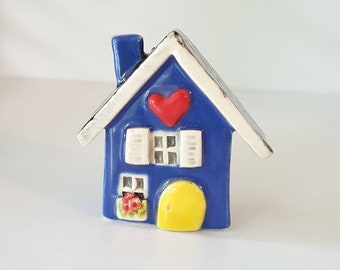 Cobalt Blue Clay House, Whimsical Ceramic Fairy House, Gnome Home, Fairy Garden or Terrarium Decoration