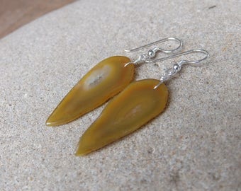 Long gem stone earrings. Agate ethically sourced gem stone from Australia - orange leaf earrings