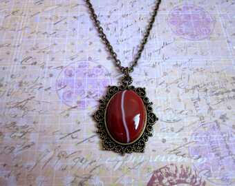 Bronze Crystal Necklace, Banded Red Agate Necklace, Red Banded Agate Necklace, Red Agate Jewelry,Red Stone Necklace, Banded Agate Jewelry