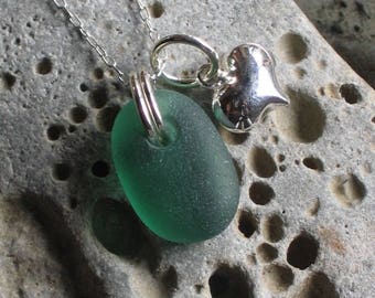 Rare Sea Green Sea Glass Sterling Silver Puffed Heart Pendant Necklace (778)