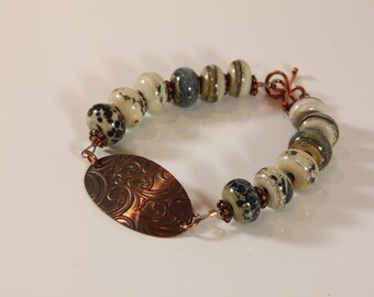 Bracelet, handmade lampworked glass beads, copper