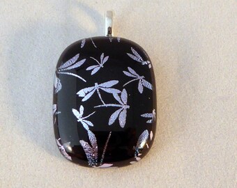 Black & Silver Dichroic Fused Glass Necklace Pendant, Dragonflies, Fused Glass, Dichroic Pendant, Dragonfly Pendant, Silver Dragonflies