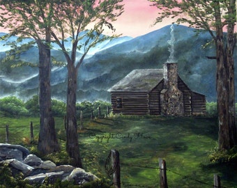 Digital art, Log cabin, mountains, country, Blue Ridge Mountains, cabin, landscape, mountain cabin, mountain landscape