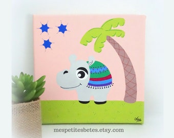 Nursery painting, Hippo painting for kids, Art on canvas for baby room, Acrylic paint, coral pink grey nursery decor, Baby girl nursery
