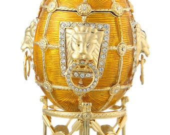 Russian Faberge Style Egg / Trinket Jewel Box with Lions 11cm (4.3'') yellow