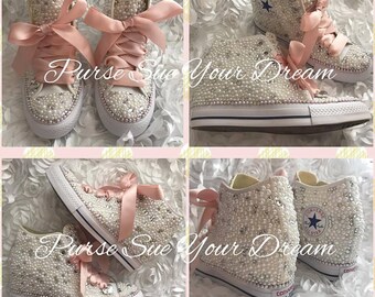 SWAROVSKI CRYSTAL and PEARL Converse Chuck Taylor Lux Wedge Wedding Converse - Wedding Chucks - Pearl Wedding Shoes - Pearl Wedge Converse
