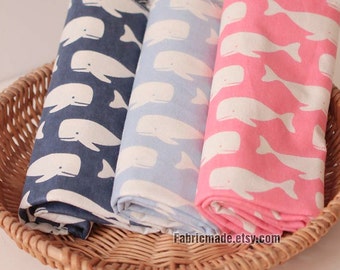 Whale Fabric, Pink Navy Blue Cotton Linen Blend Fabric With Off White Little Whale - 1/2 yard