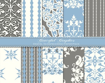 Scrapbook Paper Pack Digital Scrapbooking Background Papers CLASSIC 60s Pack Blue Gray White 10 Sheets 8.5 x 11 1009gg
