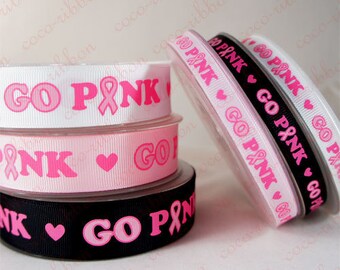 10 Yards 3/8 Inch (9mm) Go Pink Breast Cancer Awareness Ribbon Grosgrain Ribbon G05