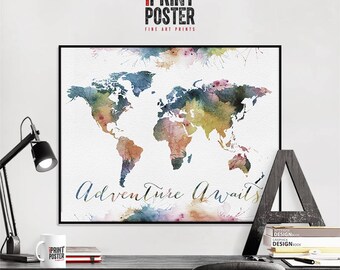 World Map Poster Adventure Awaits, Map Of The World Print, World Map Wall Art by iPrintPoster