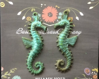 VERDIGRIS brass seahorse charms 1 pair