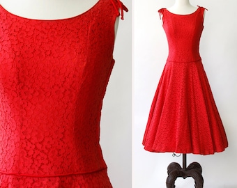 vintage 1950s dress <> 1950s red dress <> 50s red lace dress