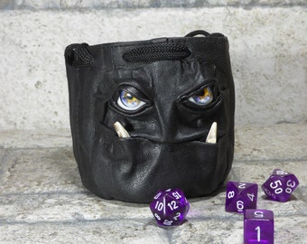 Dice Bag Marble Bag Fairy Pouch With Monster Face RPG LARP Drawstring Bag Rune Bag Magic The Gathering Gamer Gift Black Leather 832